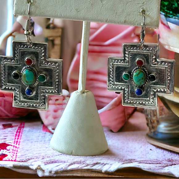 Vintage Jewelry - Sterling Silver Navajo Cross Vintage Earrings